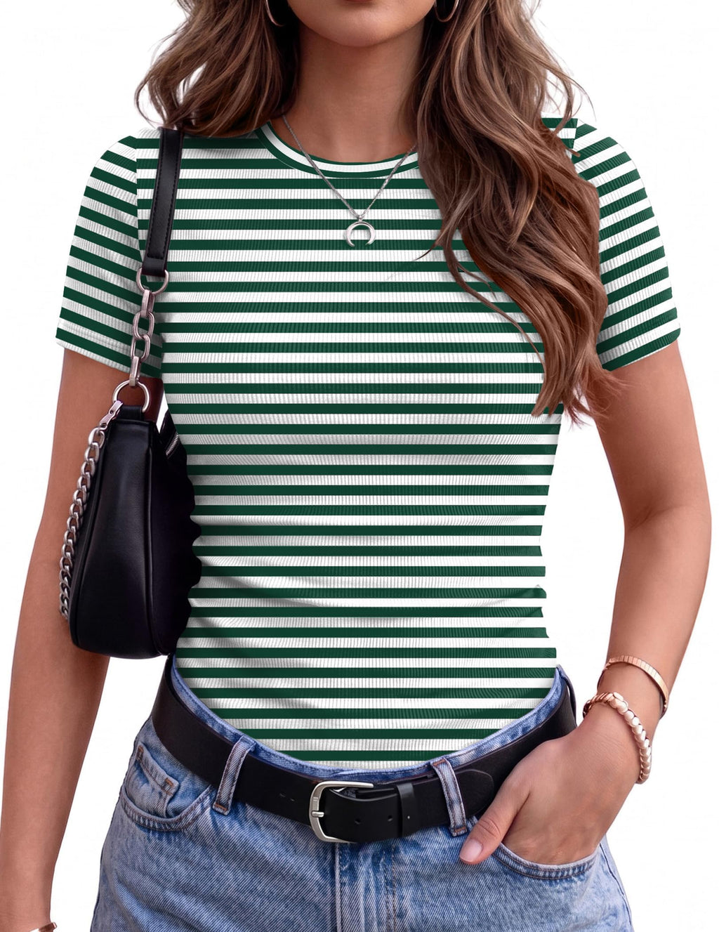 Zeagoo Women's Ribbed Short Sleeve Tops Crewneck Stretch Basic Tshirt S-2XL Jansha Store