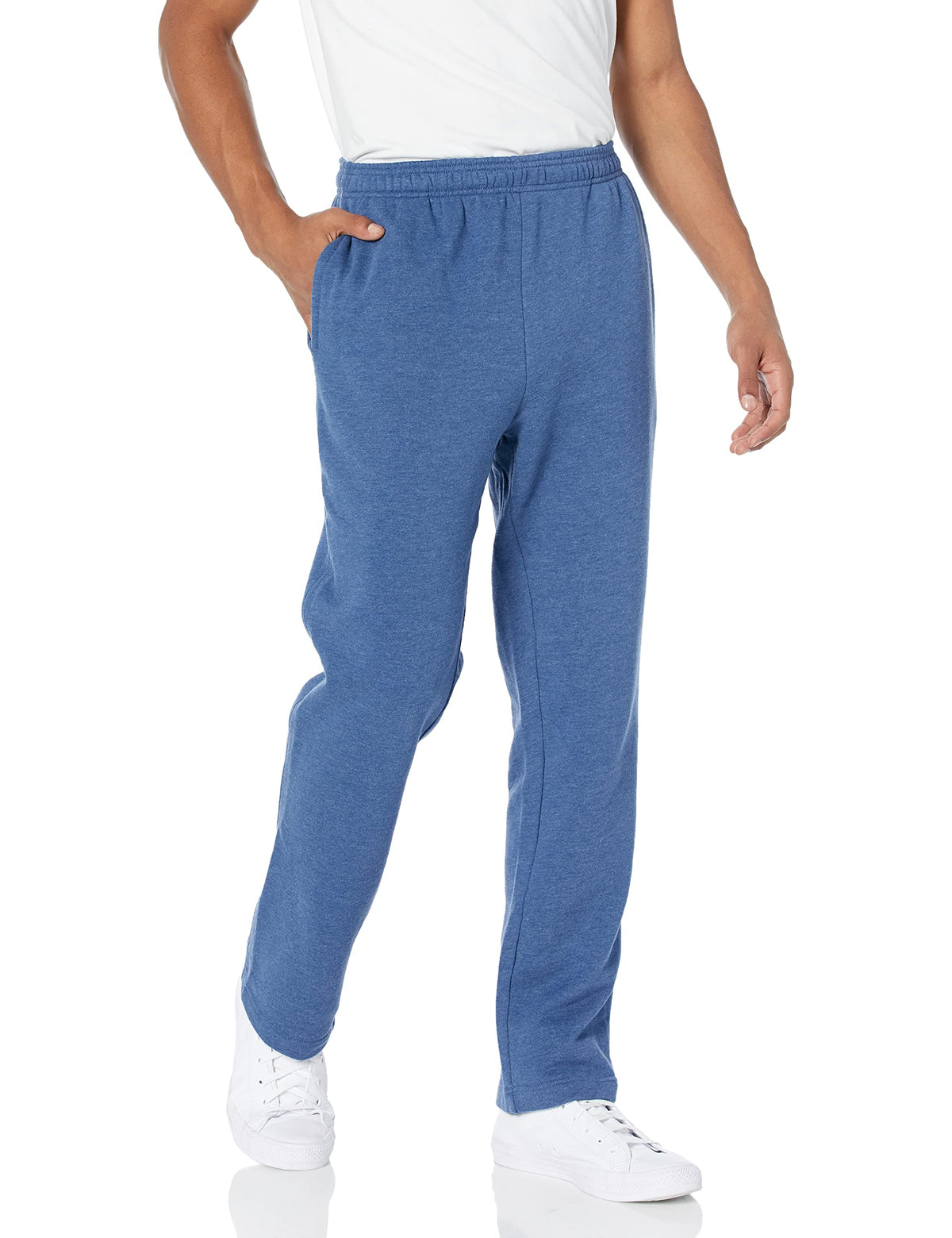 Men's fleece open bottom sweatpants in charcoal, full front view with open hems