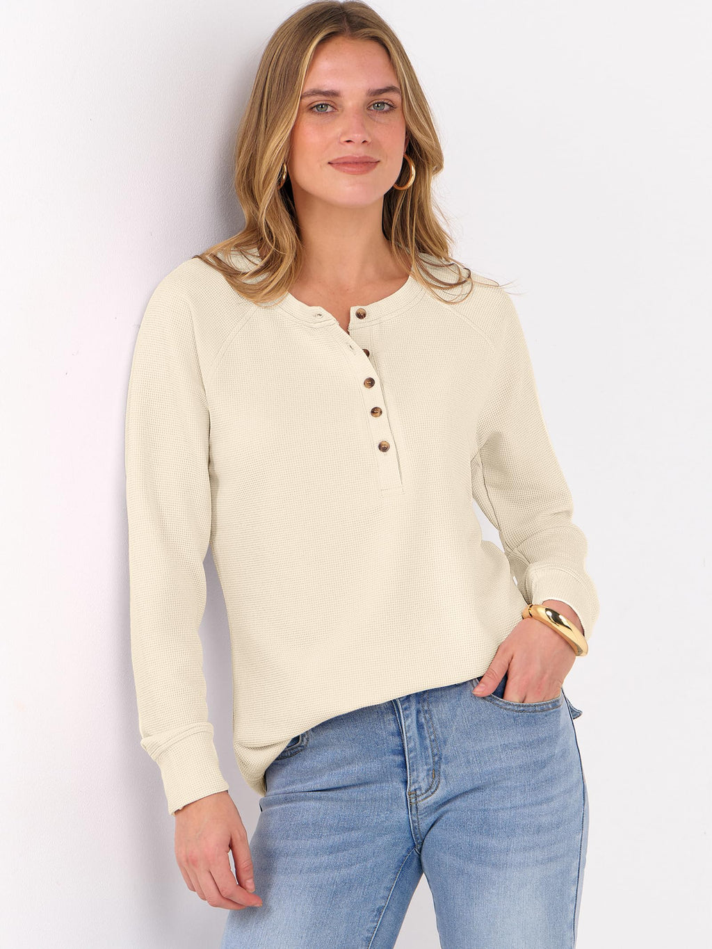 ANRABESS Women's Waffle Knit Henley Top Long Sleeve Shirts Jansha Store