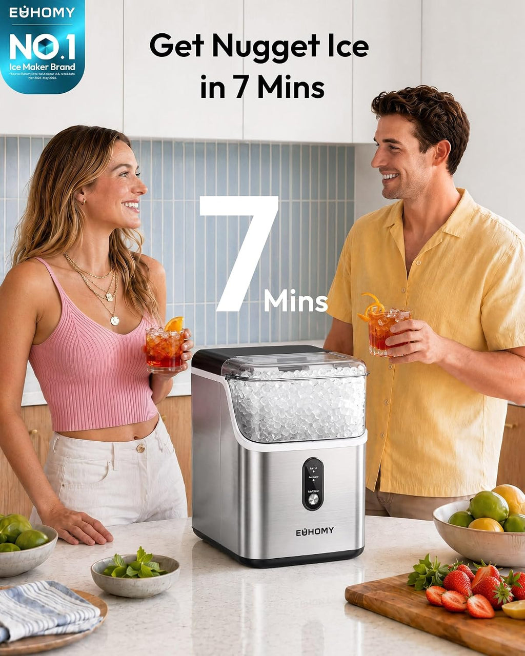 EUHOMY Nugget Ice Maker Countertop, Ready in 7 Mins, 35Lbs/24H Pebble Ice Maker Machine, Self-Cleaning Countertop Sonic Ice Makers with Ice Scoop&Basket, Pellet Ice Maker for Home, Stainless Steel Jansha Store