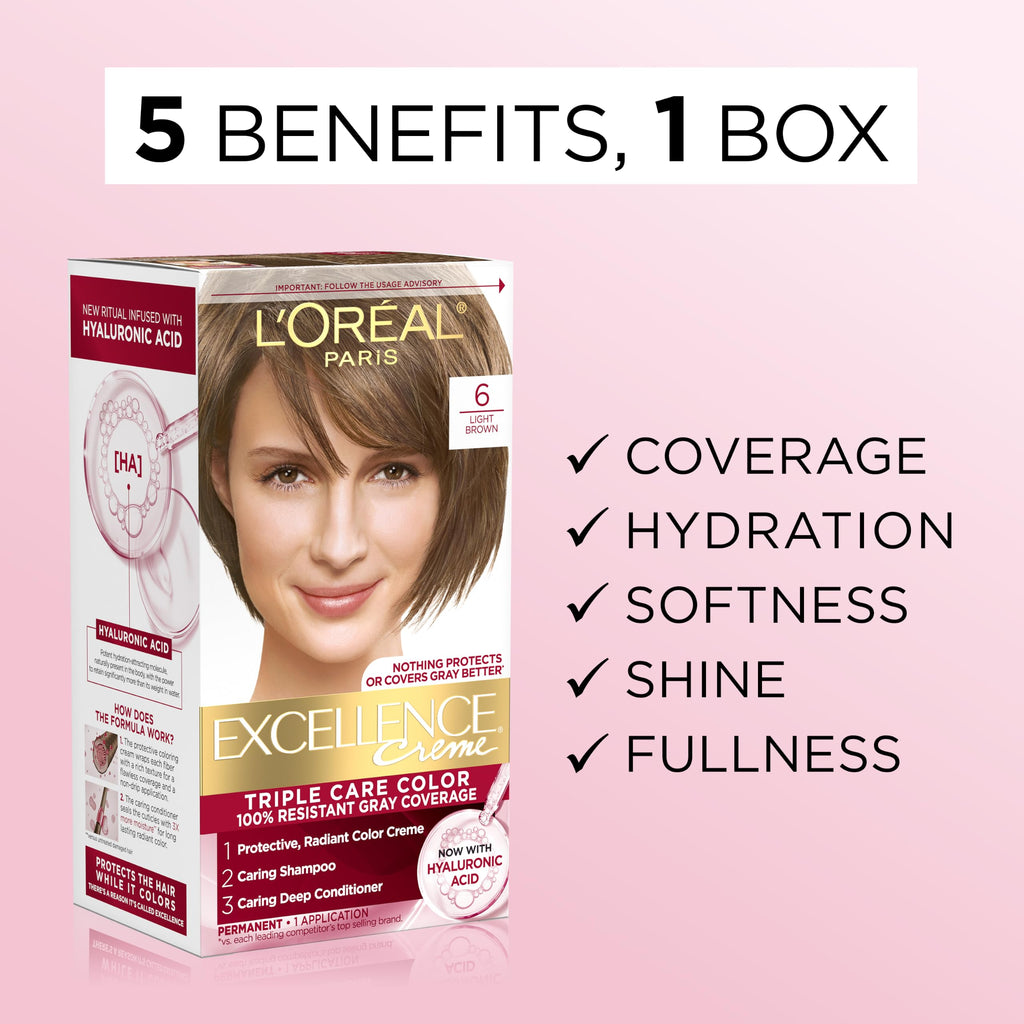 L'Oreal Paris Excellence Crème Permanent Hair Dye, Triple Care Hair Color with Hyaluronic Acid for 100% Gray Coverage, 4 Dark Brown, 1 Kit (Packaging May Vary) Jansha Store