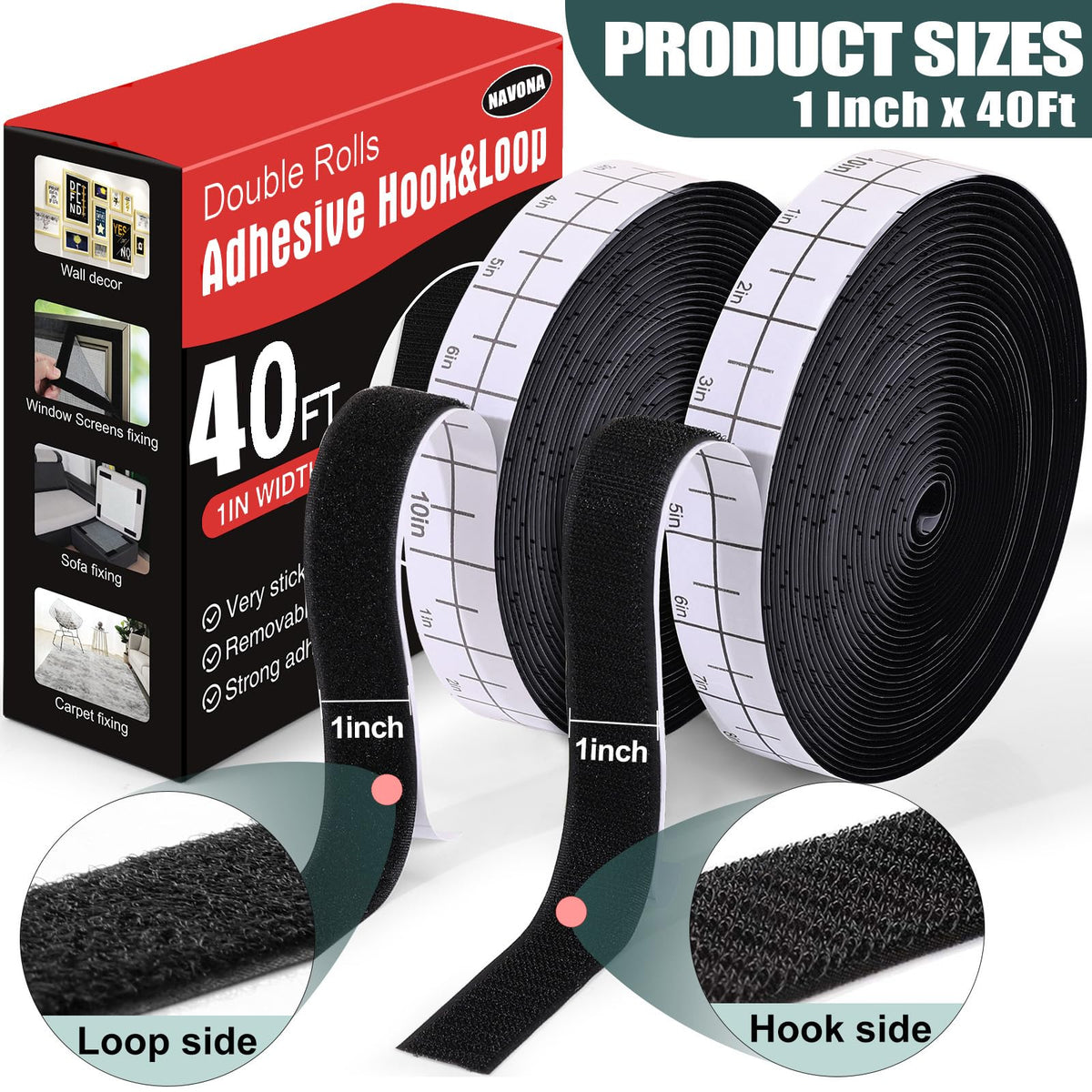 Navona 30Ft x 1 Inch Heavy Duty Hook and Loop Strips with Adhesive, Black Jansha Store