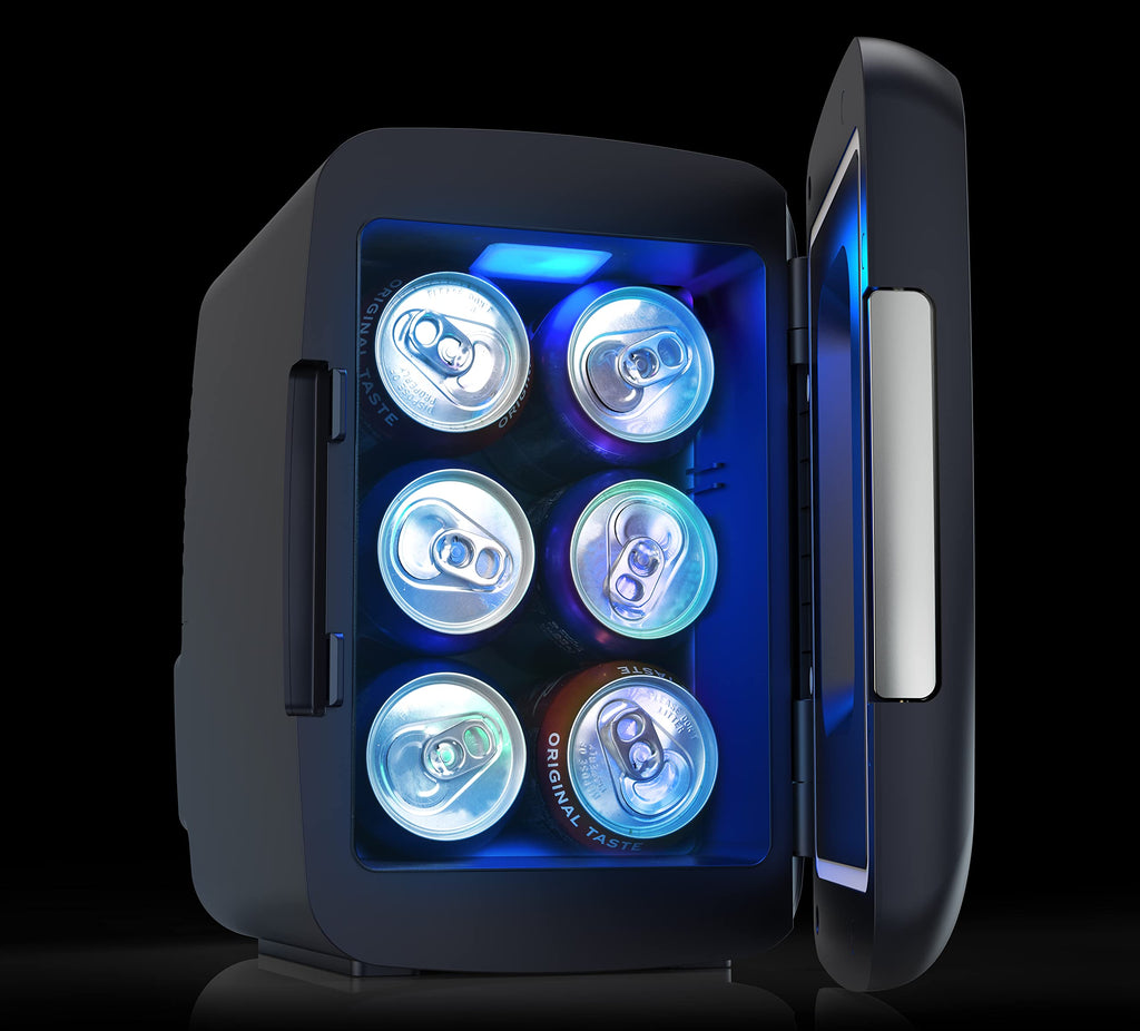Frigidaire Gaming Light Up Mini Beverage Refrigerator, 6 can, 4 liters, Cooler with large see through door and LED lights Perfect for Gaming Experience, Home, Office, or Cars.12V Charger (Blue) Jansha Store