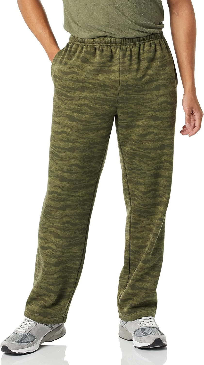 Men's fleece open bottom sweatpants in dark grey, shown full length with relaxed straight legs