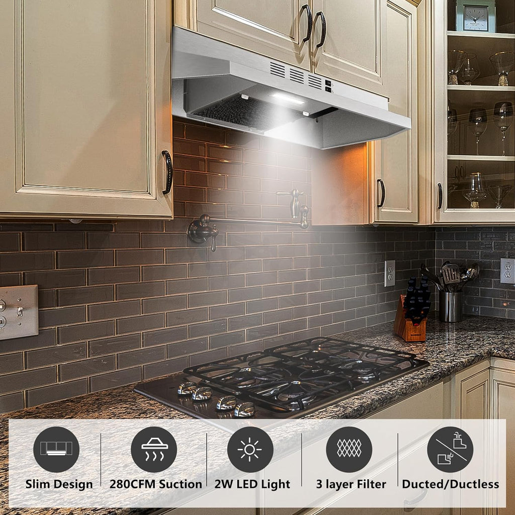 Range Hood 30 inch Under Cabinet, Stainless Steel Kitchen Vent Hood 280CFM, Built-in Kitchen Stove Hood w/Rocker Button Control, Ducted/Ductless Convertible Duct, 2 Speeds Fan, Bright LED Light Jansha Store