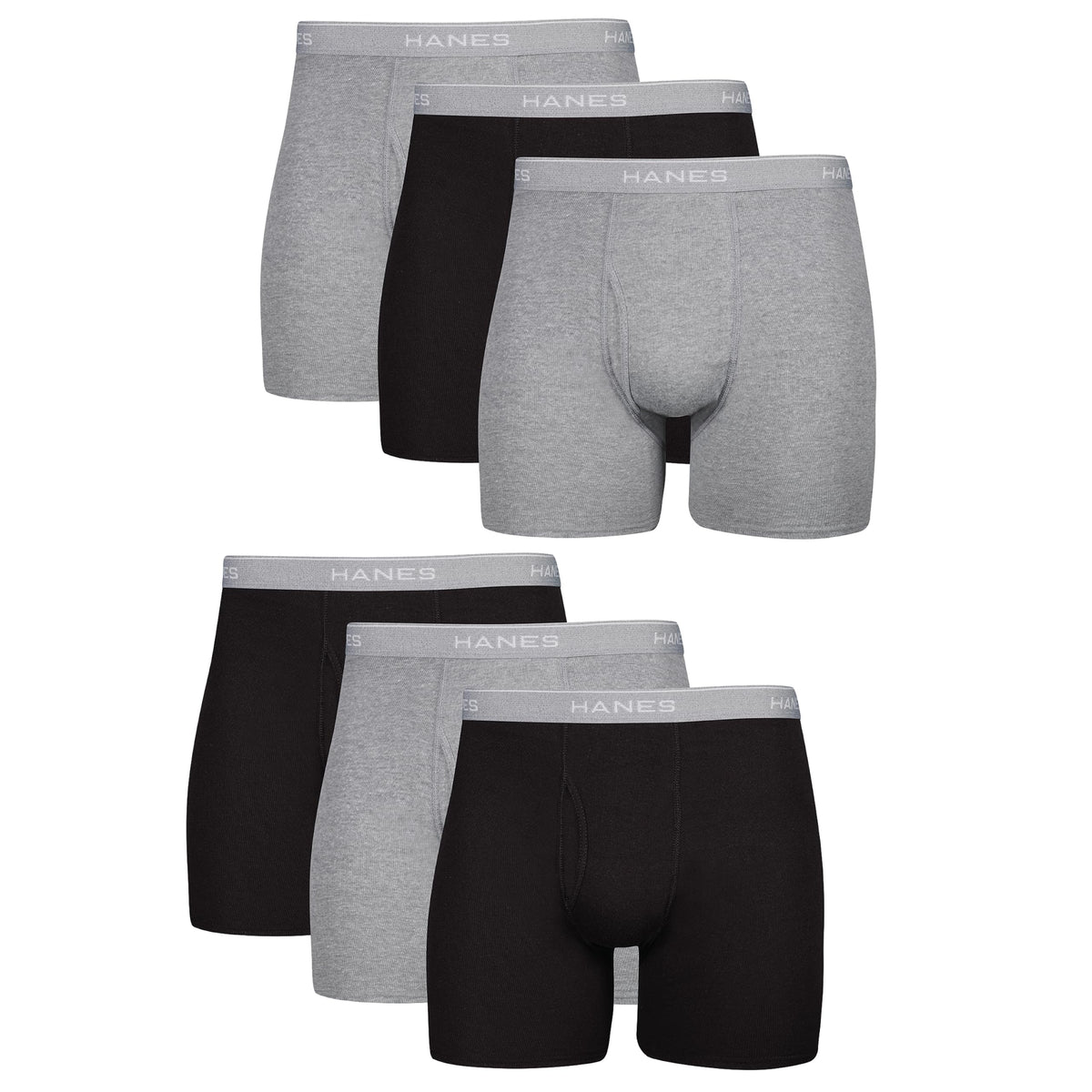 Men's moisture-wicking boxer briefs folded and stacked in a multi-pack