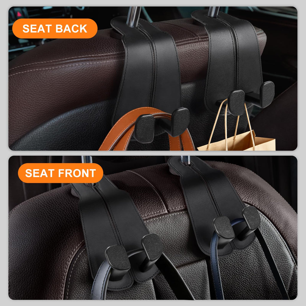 CoBak Purse Hook for Car - Universal Premium Stitched Leather and Aluminum-Magnesium Alloy Double Car Seat Back Storage Hook for Purses, Handbags, Bags (2 Pack),Black Jansha Store