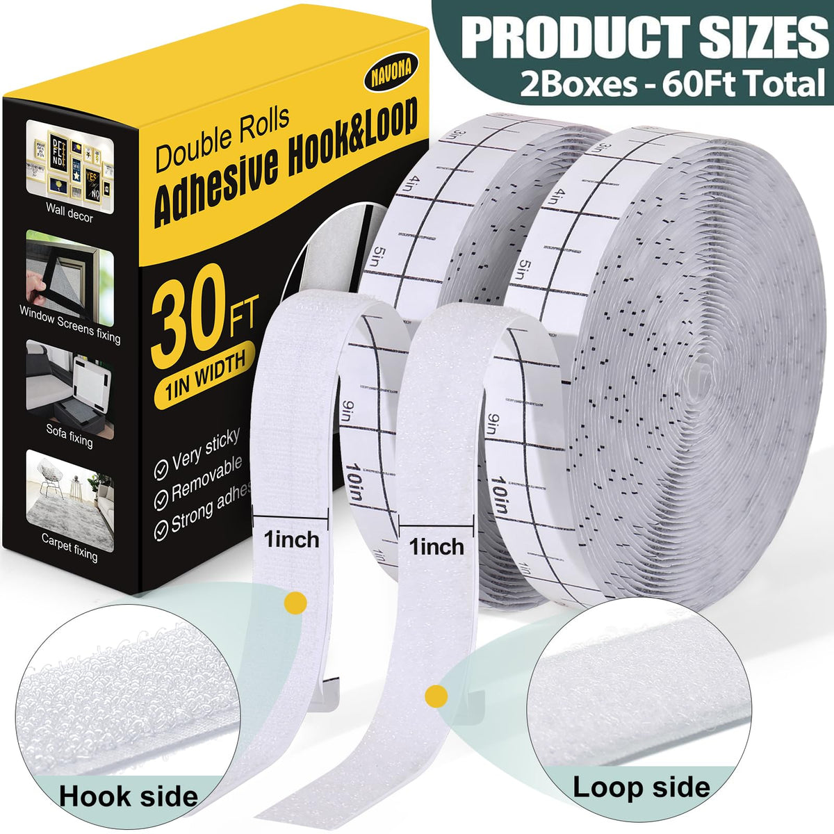 Navona 30Ft x 1 Inch Heavy Duty Hook and Loop Strips with Adhesive, Black Jansha Store