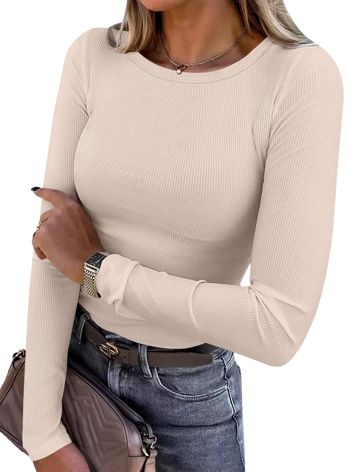 Side view of the fitted ribbed long sleeve shirt showing the slim silhouette