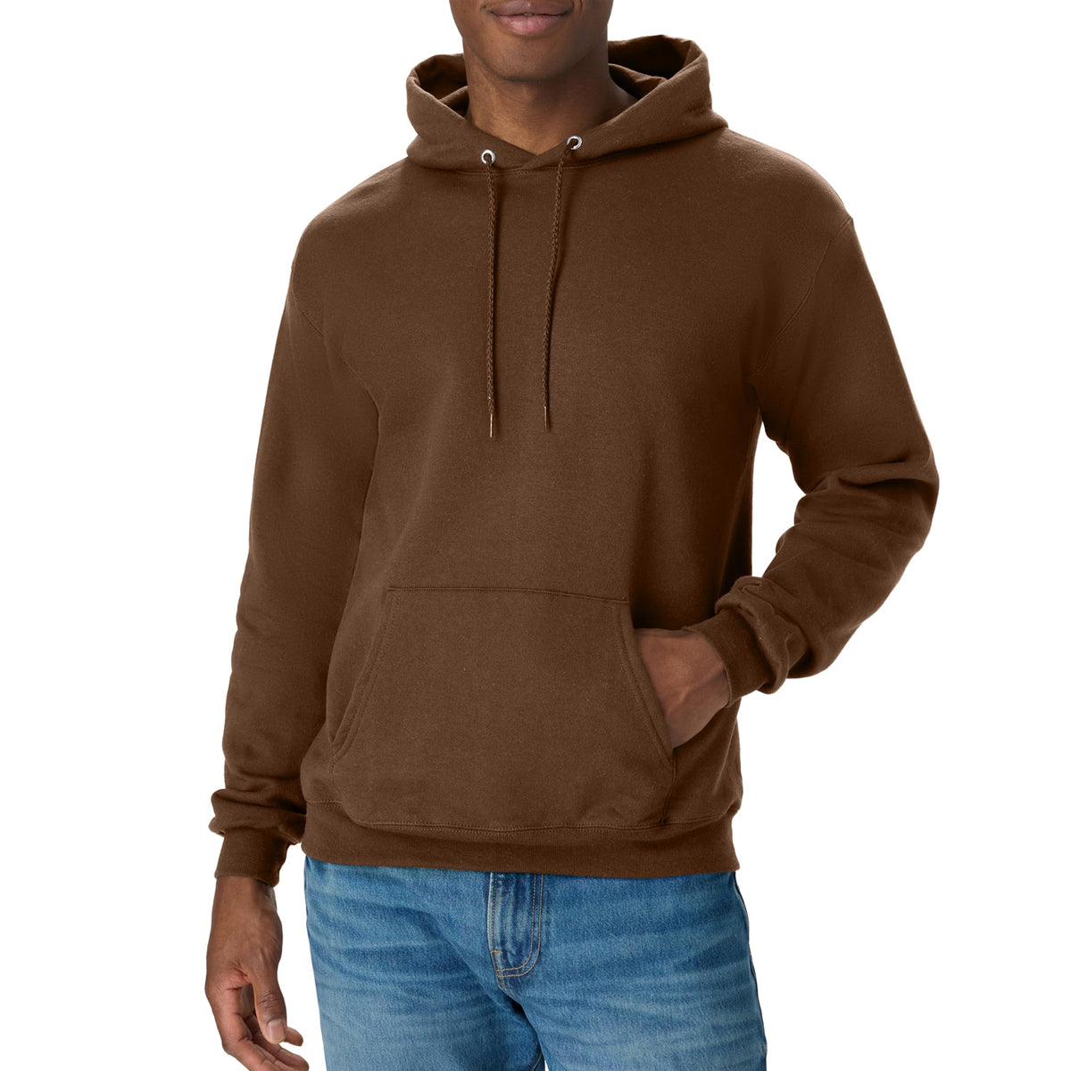 Three-quarter angle of the hooded sweatshirt showing the chest and pocket area