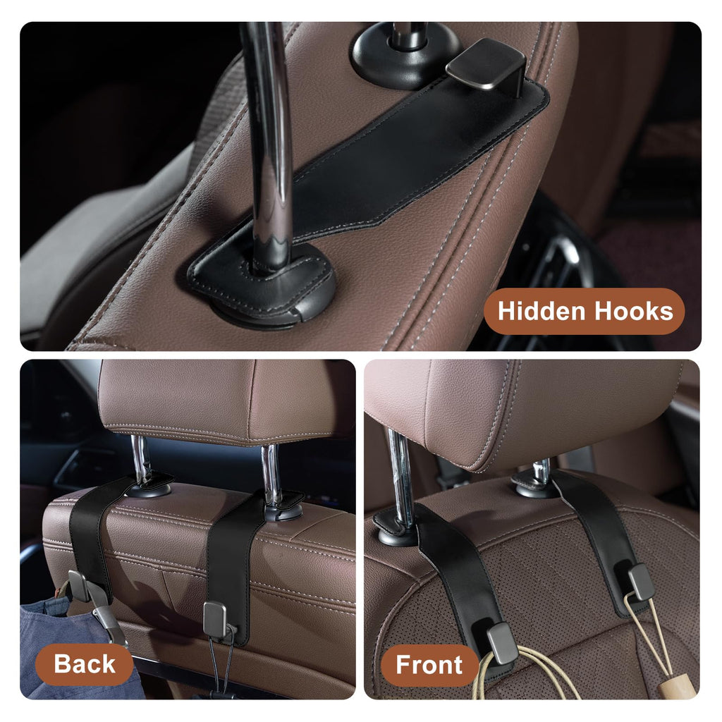 CoBak Purse Hook for Car - Universal Premium Stitched Leather and Aluminum-Magnesium Alloy Double Car Seat Back Storage Hook for Purses, Handbags, Bags (2 Pack),Black Jansha Store