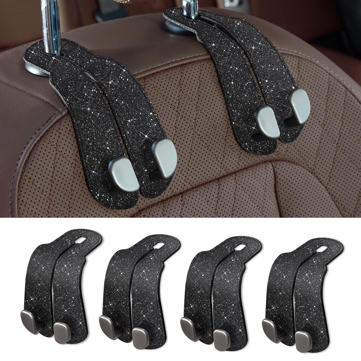 CoBak Purse Hook for Car - Universal Premium Stitched Leather and Aluminum-Magnesium Alloy Double Car Seat Back Storage Hook for Purses, Handbags, Bags (2 Pack),Black Jansha Store