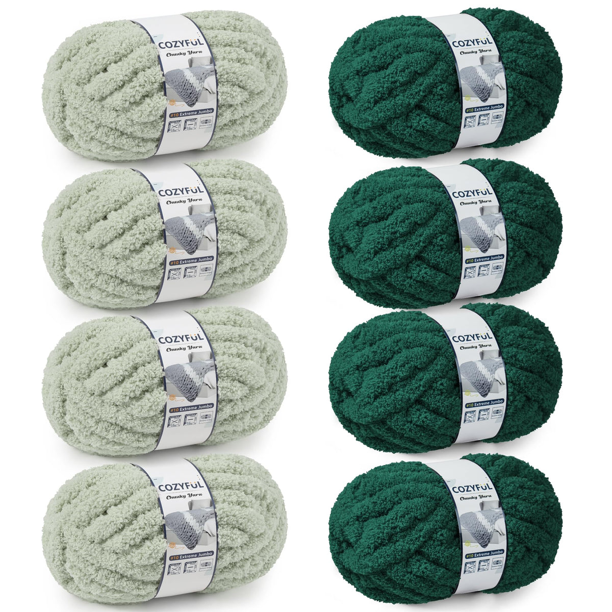 Cozyful Chunky Yarn for Hand Knitting - #10 Chunky Chenille Yarn, Jumbo Big Thick Chunky Yarns for Crocheting, Super Bulky Chunky Knit Blanket Yarns, 8 Skein (22 yds 8 oz Each Skein), Soft Sage Green Jansha Store