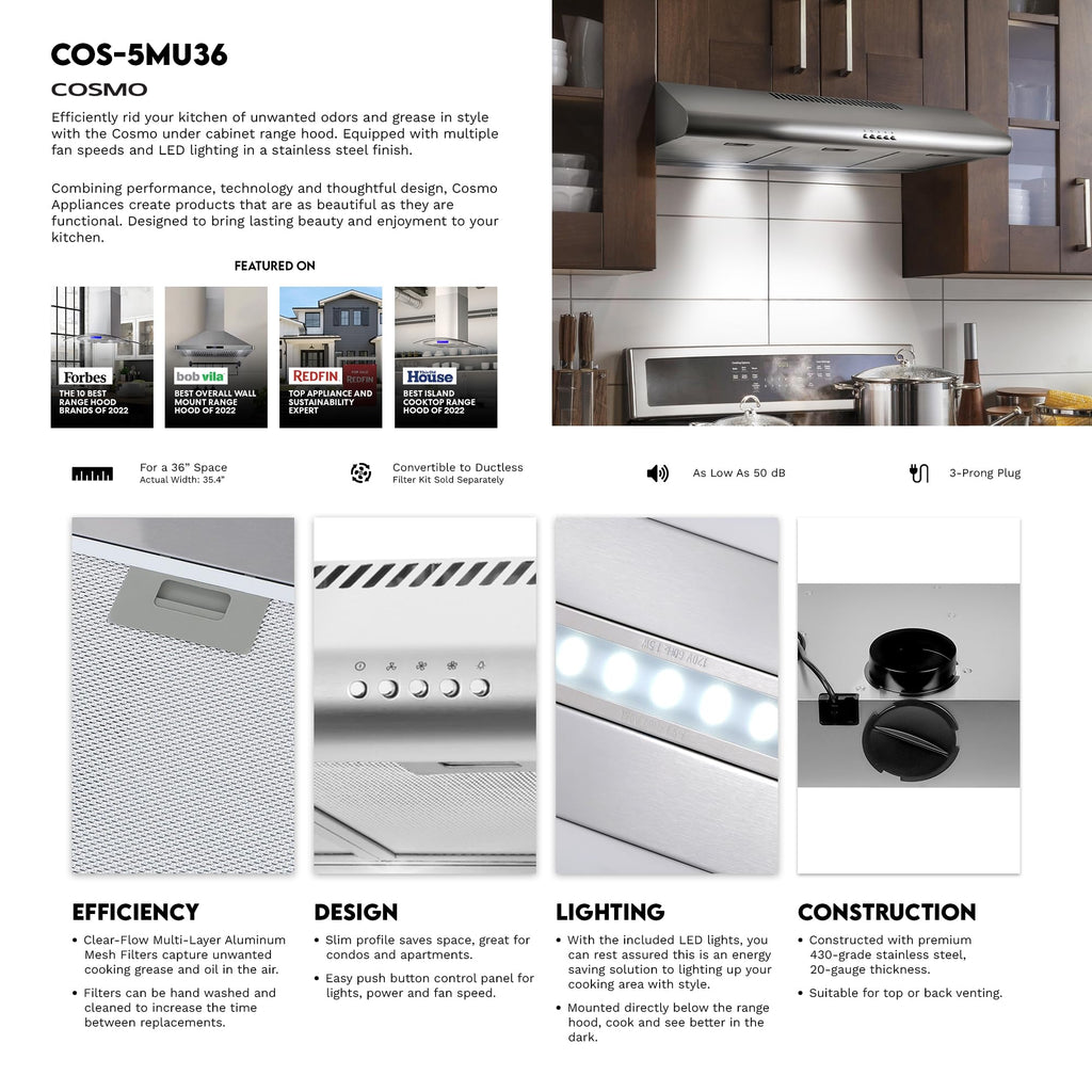 COSMO COS-5MU30 30 in. Delta Collection Ducted Under Cabinet Range Hood, Button Controls, Reusable Filters, LED Lights, Stainless Steel Jansha Store