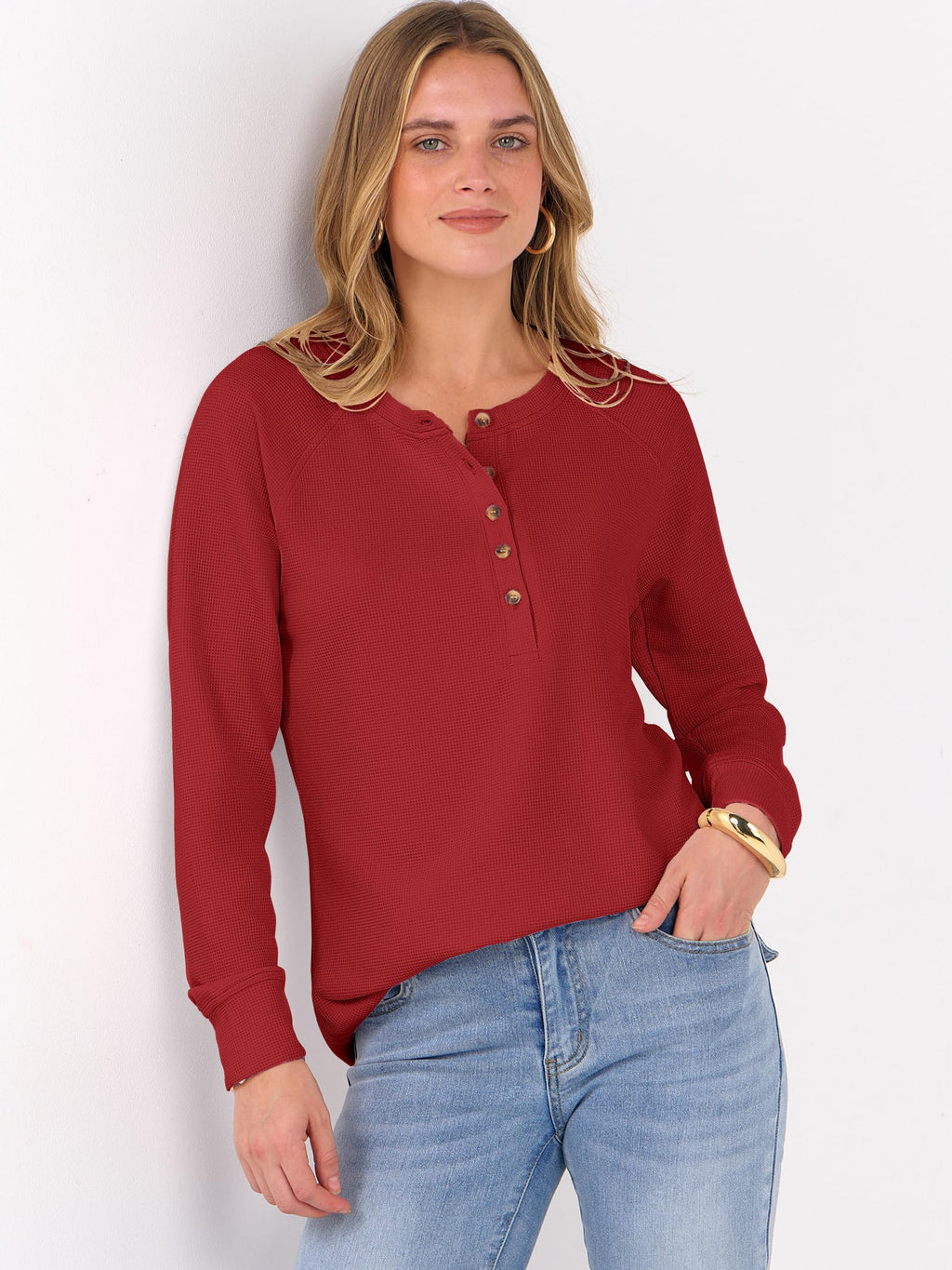 ANRABESS Women's Waffle Knit Henley Top Long Sleeve Shirts Jansha Store