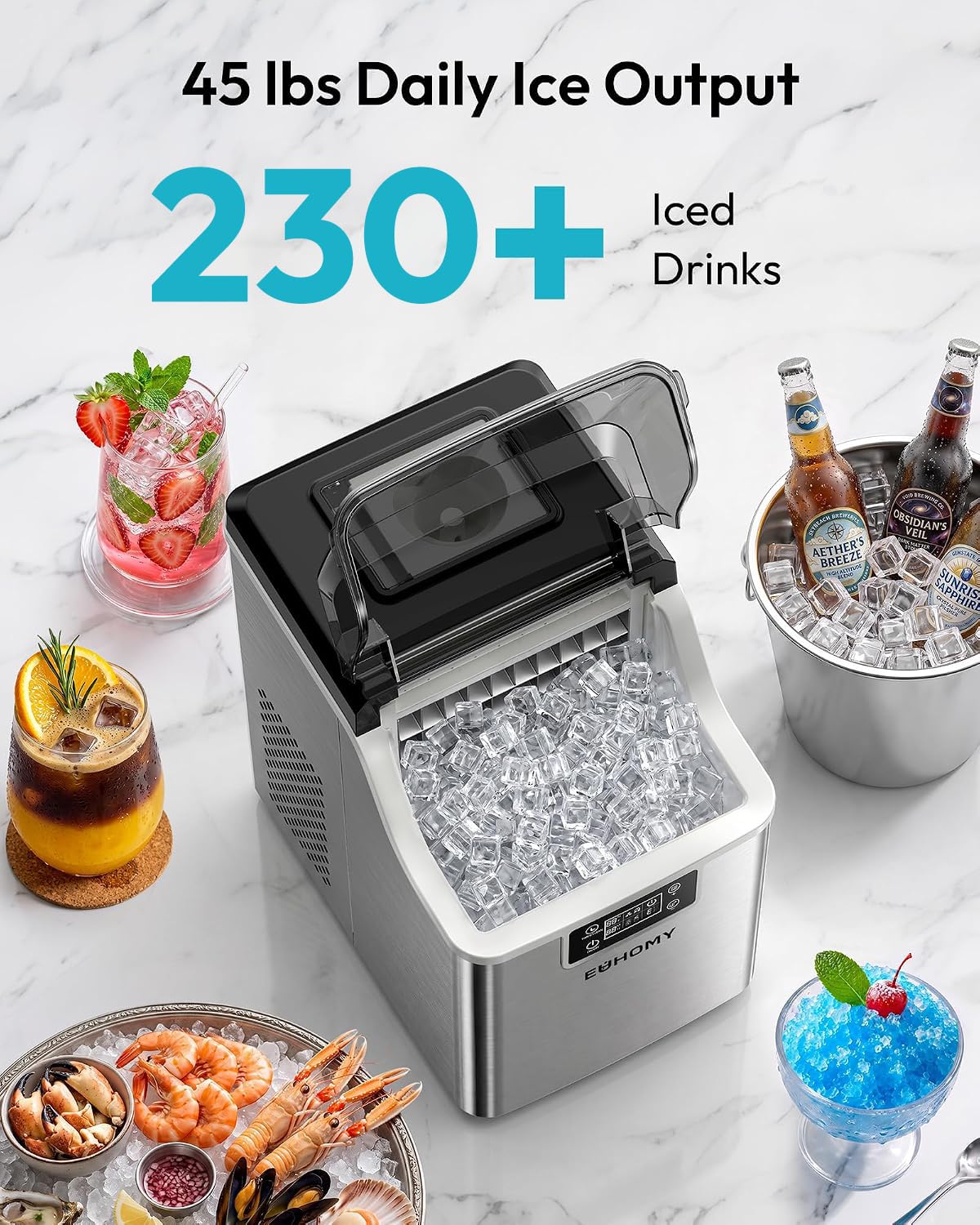 EUHOMY Ice Cube Maker Machine Countertop, 45Lbs/Day, 24Pcs in 13 Mins Jansha Store