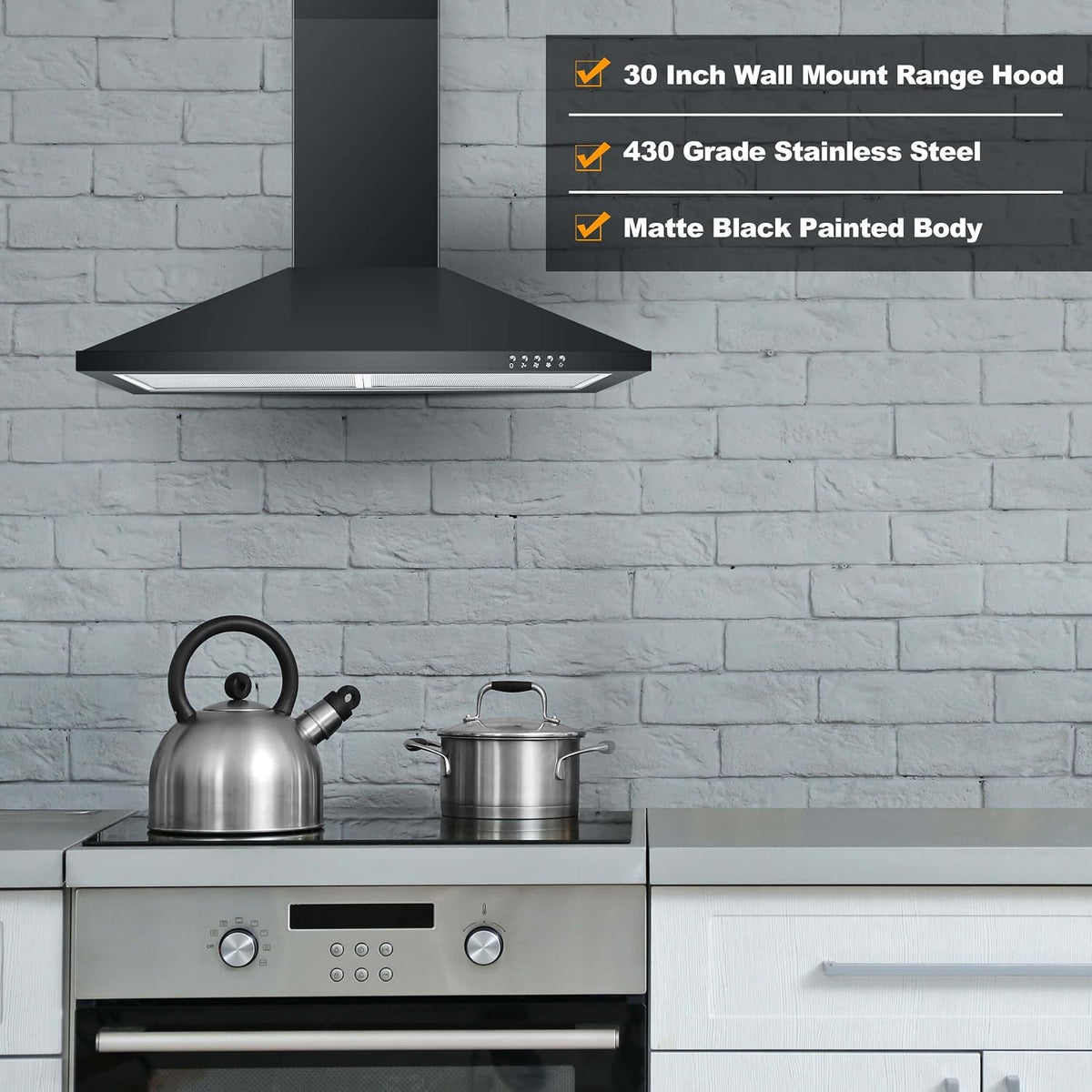 SNDOAS Black Range Hood,Wall Mount Range Hood 30 inch,Stainless Steel Kitchen Hood with Ducted/Ductless Convertible,Stove Vent Hood,Aluminum Filters,3 Speed Exhaust Fan,LED Light,Button Control Jansha Store