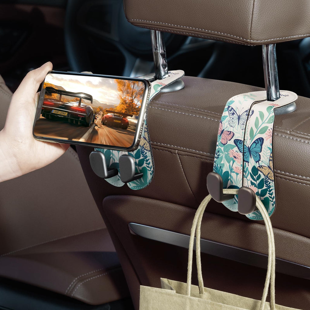 CoBak Purse Hook for Car - Universal Premium Stitched Leather and Aluminum-Magnesium Alloy Double Car Seat Back Storage Hook for Purses, Handbags, Bags (2 Pack),Black Jansha Store