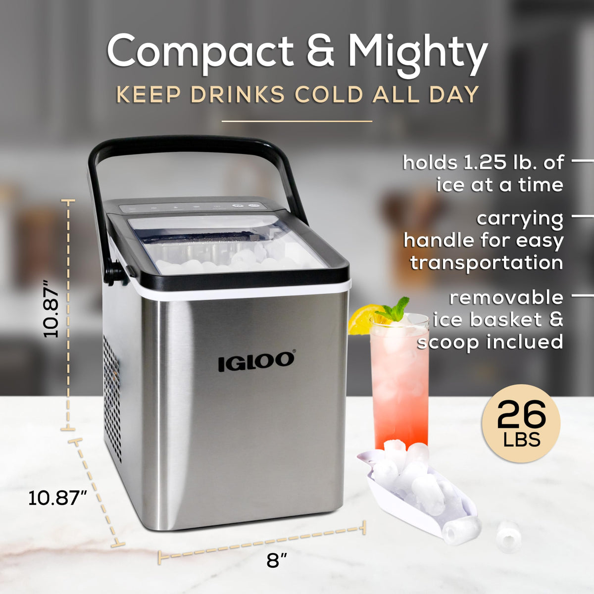 Igloo Portable Ice Maker with Scoop - Ice Maker with LED Control Panel & 1.5 Quart Water Tank - Stainless Ice Cube Maker Produces 26 Lbs. of Ice in 24 Hours with 9 Large or Small Cubes in 7 Minutes Jansha Store