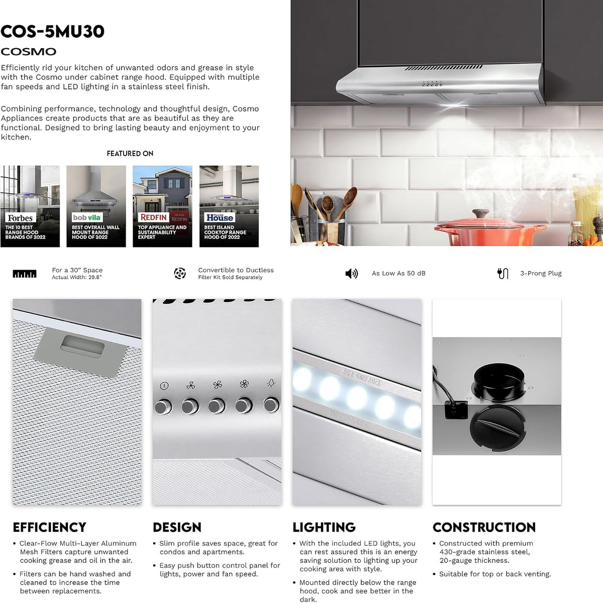 COSMO COS-5MU30 30 in. Delta Collection Ducted Under Cabinet Range Hood, Button Controls, Reusable Filters, LED Lights, Stainless Steel Jansha Store