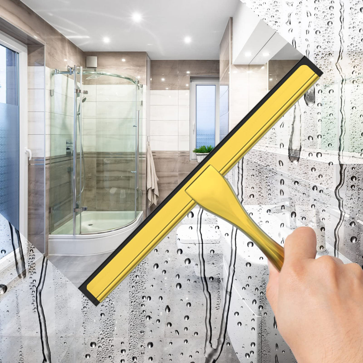 All-Purpose Stainless Steel Shower Squeegee for Shower Glass Door with 2 Adhesive Hooks, Bathroom Cleaner Tool Household Window Mirror Squeegee , Cleaning Tile Wall, Car, 10 Inch Silver Jansha Store