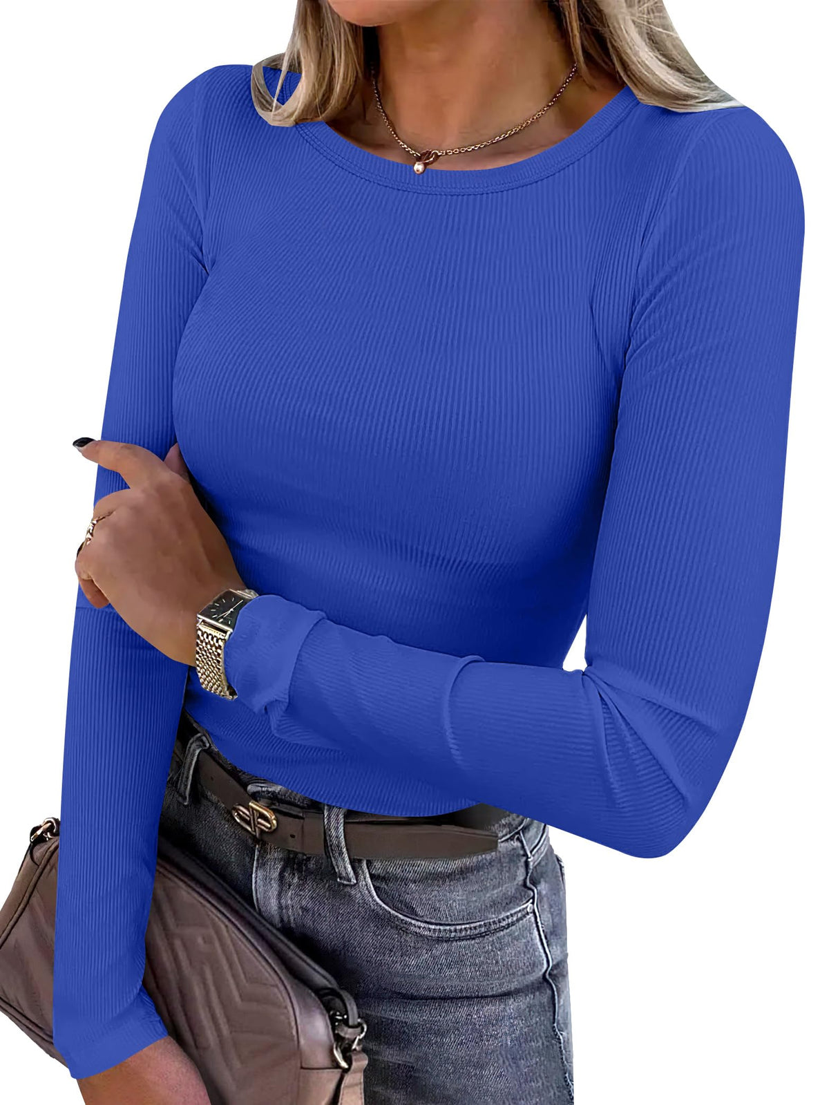 ANRABESS Women Long Sleeve Shirts Ribbed Fitted Tops Jansha Store