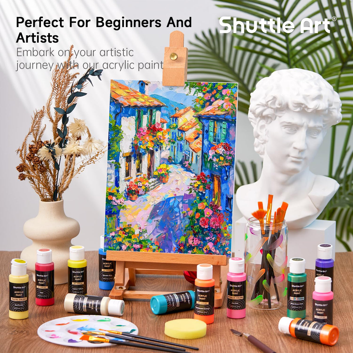 Shuttle Art Acrylic Paint, 36 Colors Acrylic Paint Set with Brushes & Palette, 2oz/60ml Bottles, Rich Pigments Non-toxic for Artists Kids & Adults, Painting on Canvas Rocks Ceramic Wood Jansha Store