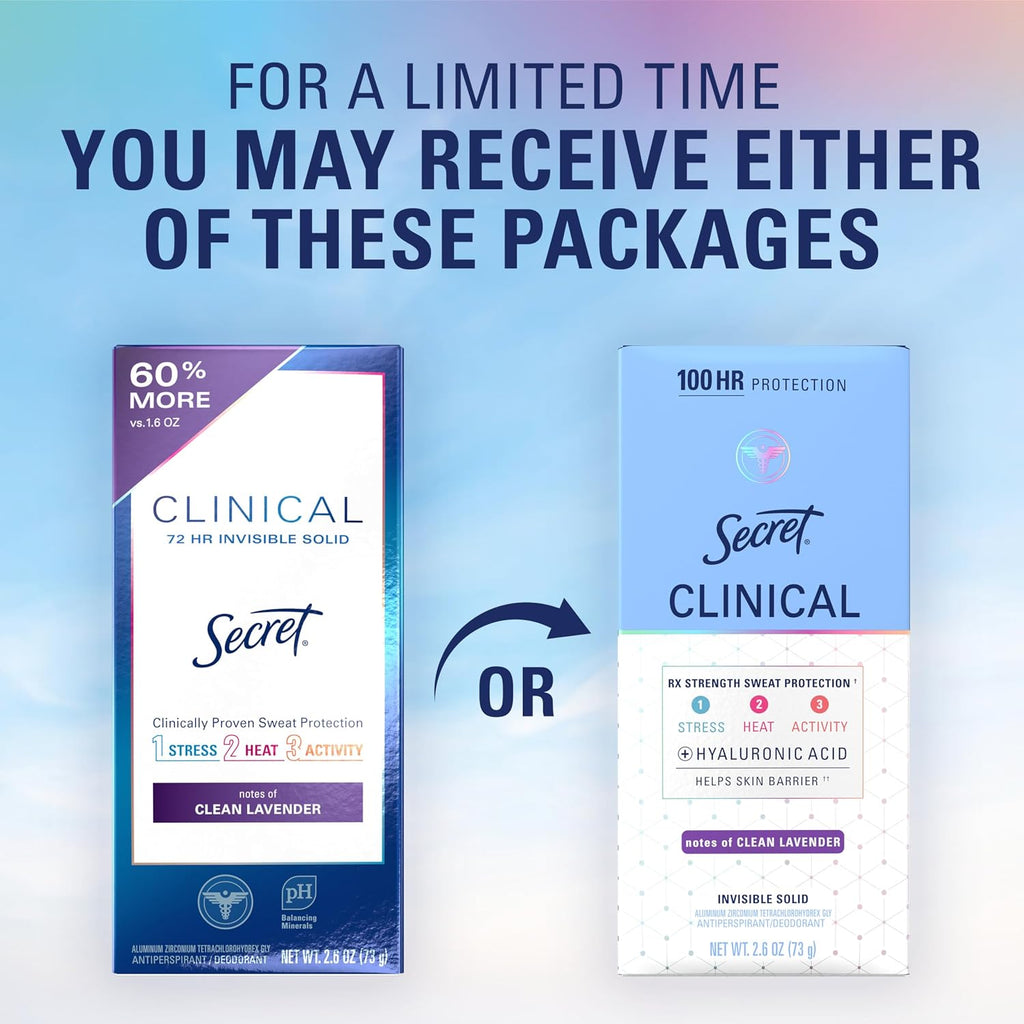 Secret Clinical Strength 100HR Sweat & Odor, Invisible Solid Antiperspirant Deodorant for Women, 3X Stress Protection with Hyaluronic Acid, PH Balanced, Clean Lavender Scent, 2.6 oz Jansha Store
