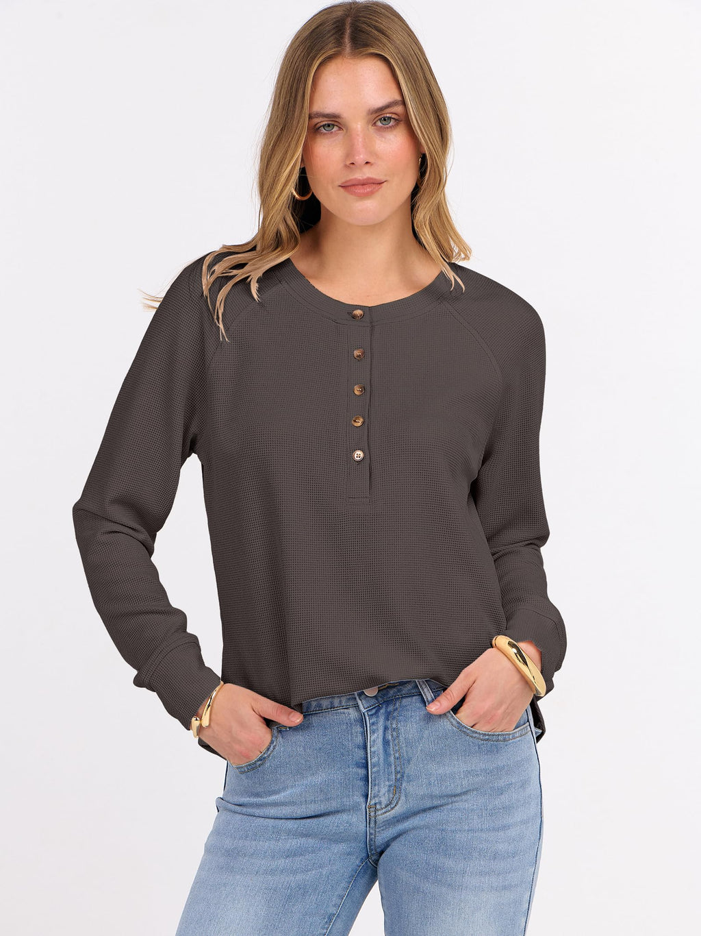 ANRABESS Women's Waffle Knit Henley Top Long Sleeve Shirts Jansha Store