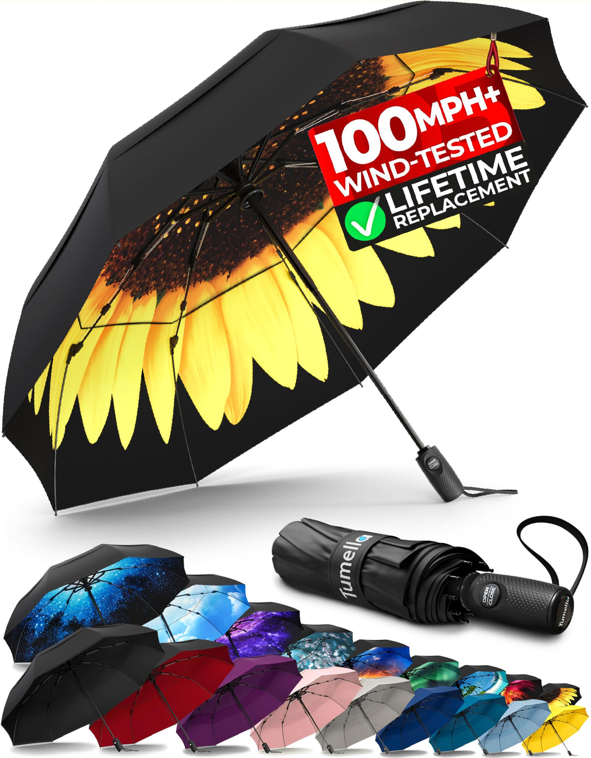 TUMELLA Strongest Windproof Travel Umbrella (Compact, 100MPH Wind-Tested), Light, Portable, One-Handed Use, Automatic Folding Rain Umbrella, Durable, Premium Grip, Fits Car & Backpack Jansha Store