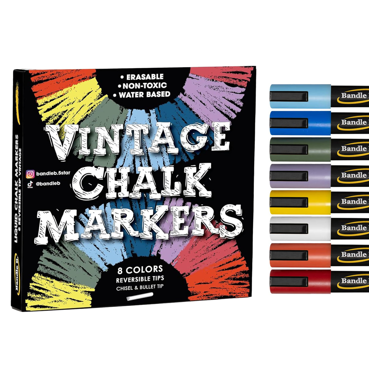 Bandle B. Chalk Markers - 8 Vibrant, Erasable, Non-Toxic, Water-Based, Reversible Tips. For Glass or Chalkboard Markers for Businesses, Restaurants, Liquid Drawing Chalk (Vibrant 6mm) Jansha Store