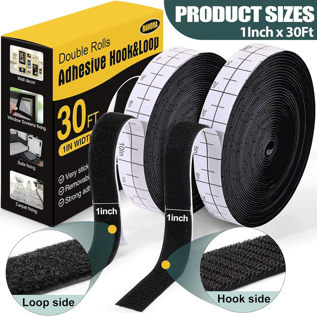 Navona 30Ft x 1 Inch Heavy Duty Hook and Loop Strips with Adhesive, Black Jansha Store