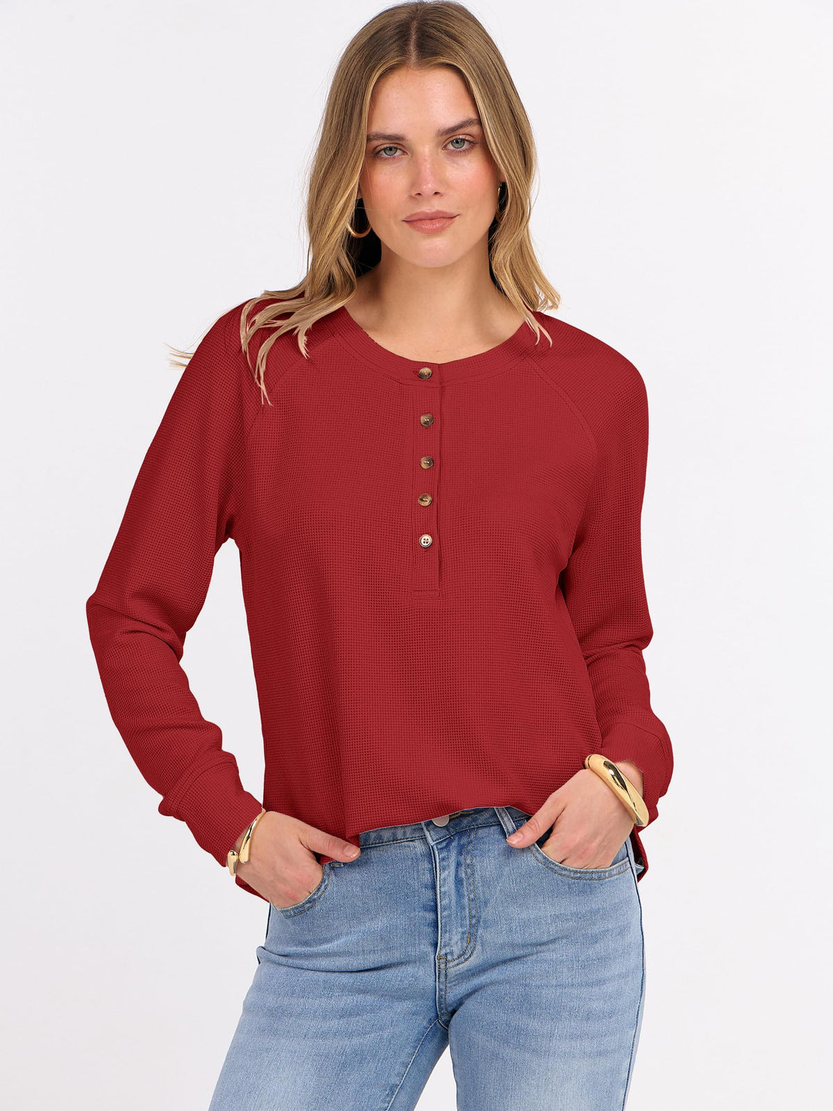 ANRABESS Women's Waffle Knit Henley Top Long Sleeve Shirts Jansha Store