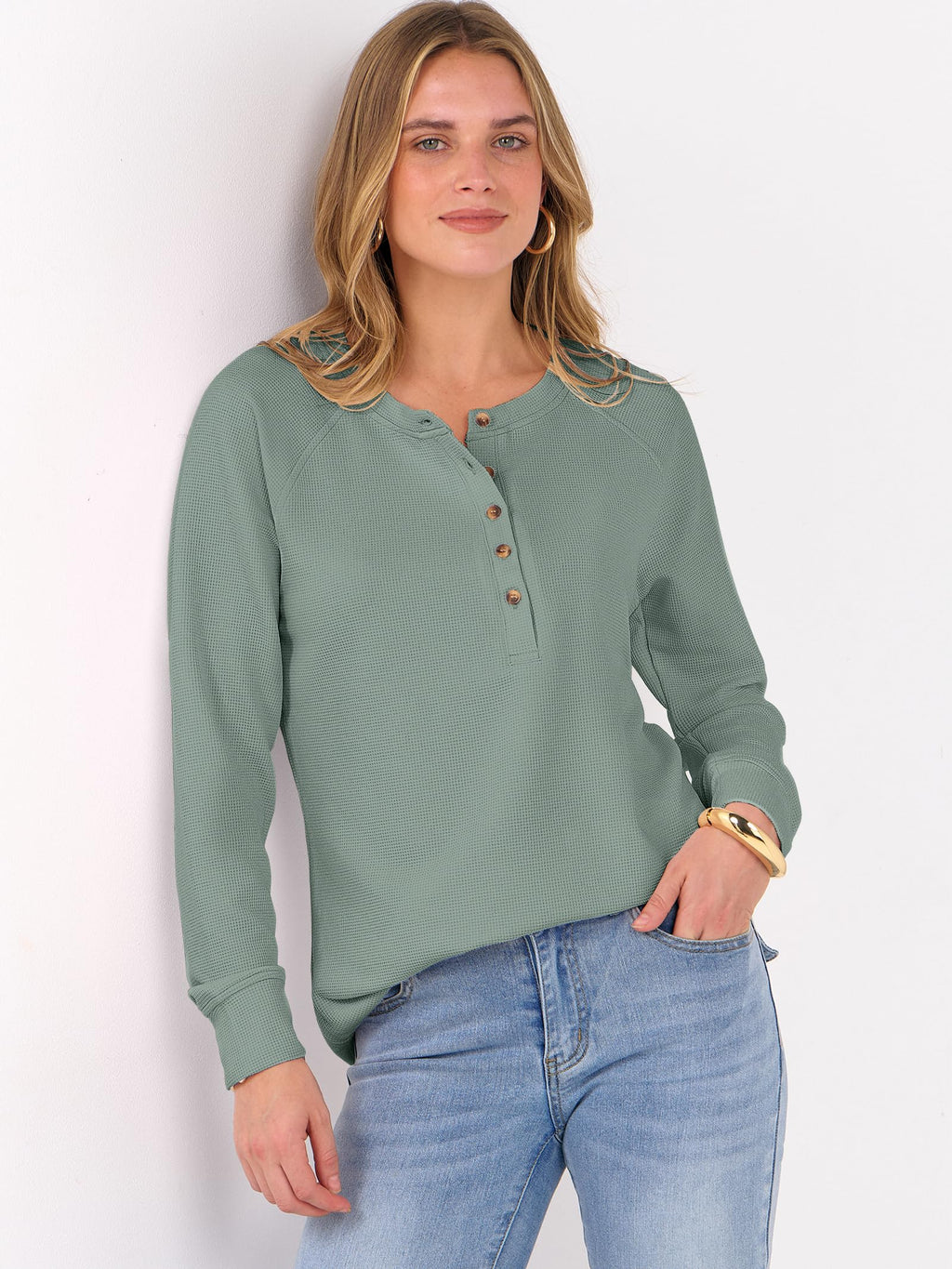 ANRABESS Women's Waffle Knit Henley Top Long Sleeve Shirts Jansha Store