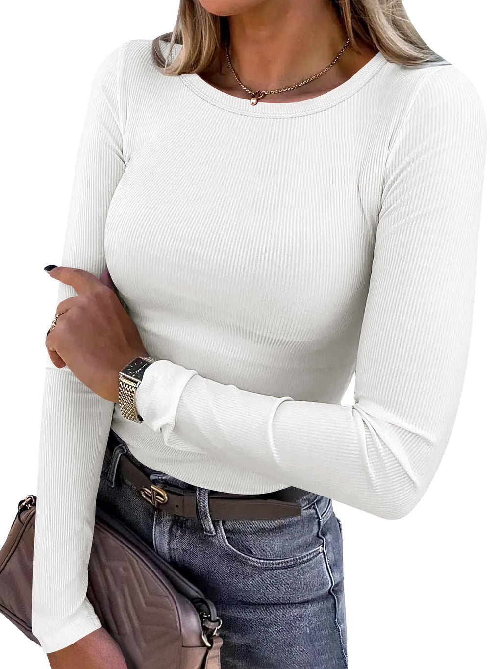ANRABESS Women Long Sleeve Shirts Ribbed Fitted Tops Jansha Store