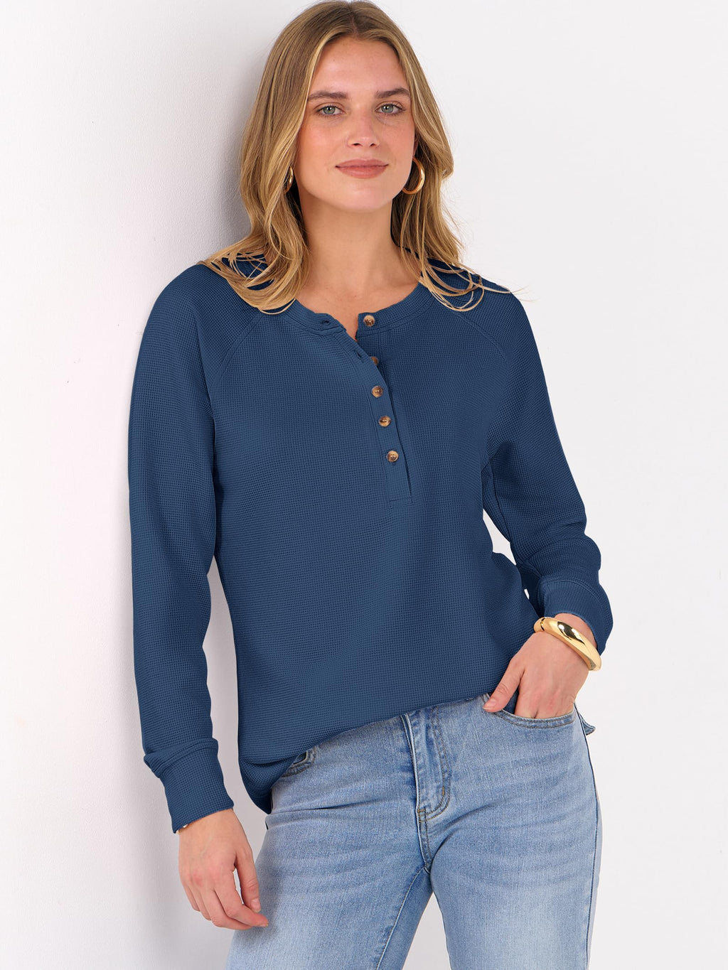 ANRABESS Women's Waffle Knit Henley Top Long Sleeve Shirts Jansha Store