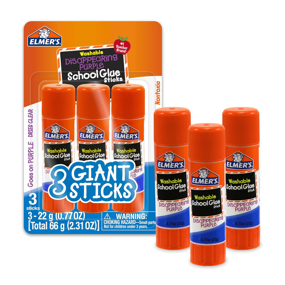 Elmer's Disappearing Purple School Glue Sticks, Washable, 22 Grams, 3 Count - Poster, Vision Board, Back to School Supplies, #1 Teacher Brand Jansha Store