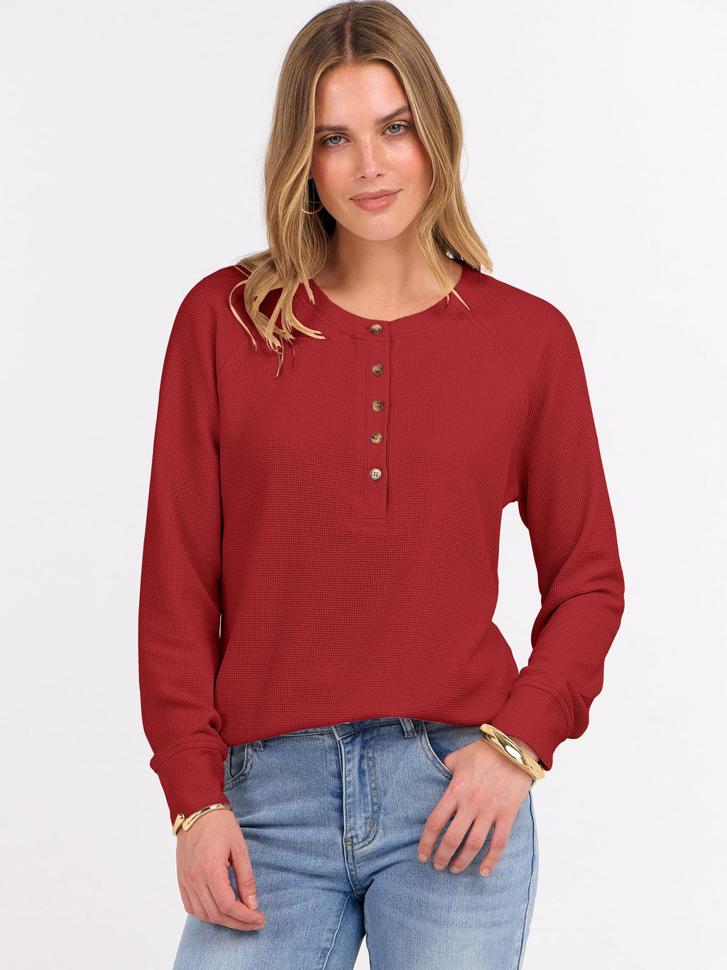 ANRABESS Women's Waffle Knit Henley Top Long Sleeve Shirts Jansha Store