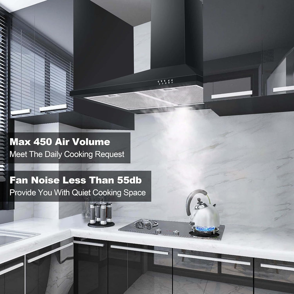 SNDOAS Black Range Hood,Wall Mount Range Hood 30 inch,Stainless Steel Kitchen Hood with Ducted/Ductless Convertible,Stove Vent Hood,Aluminum Filters,3 Speed Exhaust Fan,LED Light,Button Control Jansha Store