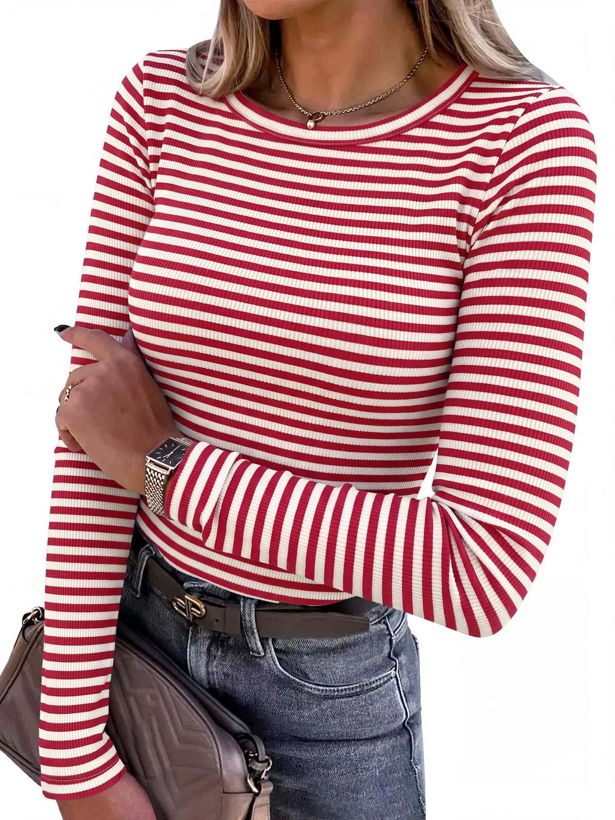 Close-up of the sleeve cuff on the women's ribbed long sleeve top