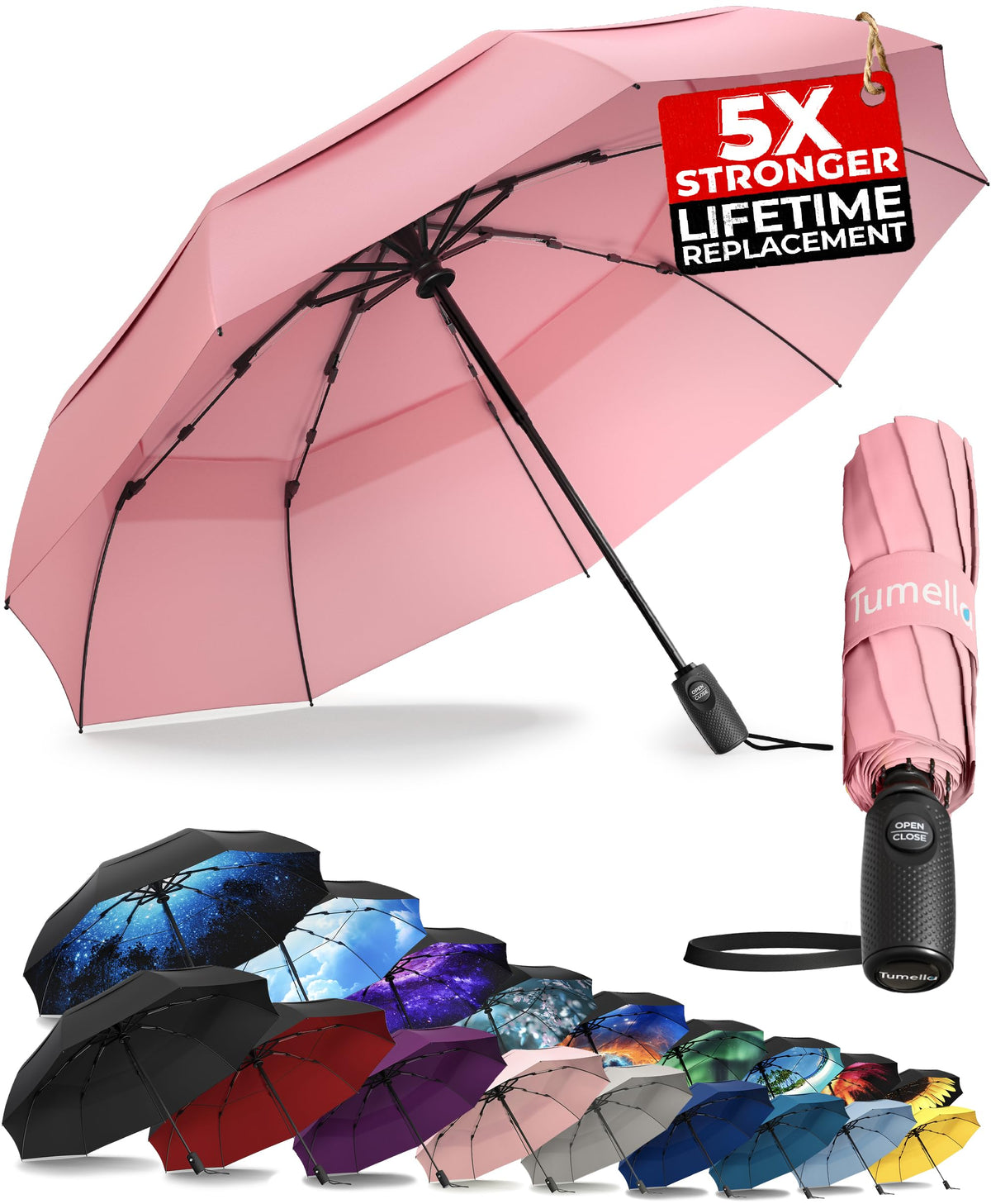 TUMELLA Strongest Windproof Travel Umbrella (Compact, 100MPH Wind-Tested), Light, Portable, One-Handed Use, Automatic Folding Rain Umbrella, Durable, Premium Grip, Fits Car & Backpack Jansha Store