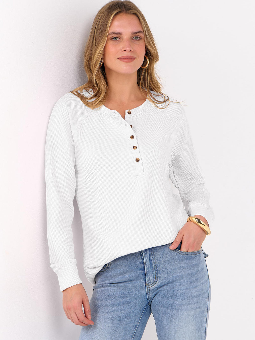 ANRABESS Women's Waffle Knit Henley Top Long Sleeve Shirts Jansha Store