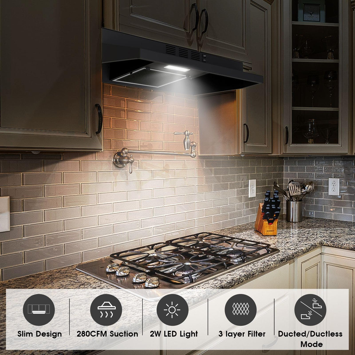 Range Hood 30 inch Under Cabinet, Stainless Steel Kitchen Vent Hood 280CFM, Built-in Kitchen Stove Hood w/Rocker Button Control, Ducted/Ductless Convertible Duct, 2 Speeds Fan, Bright LED Light Jansha Store