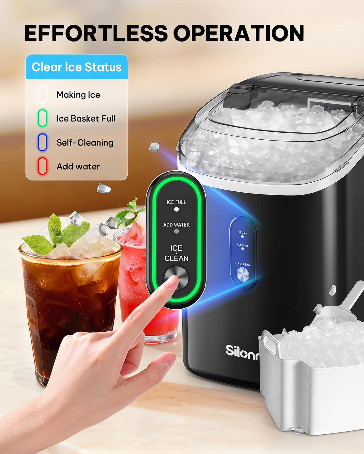 Silonn Ice Maker Countertop, 9 Cubes Ready in 6 Mins, 26lbs in 24Hrs, Self-Cleaning Ice Machine with Ice Scoop and Basket, 2 Sizes of Bullet Ice for Home Kitchen Office Bar Party Jansha Store