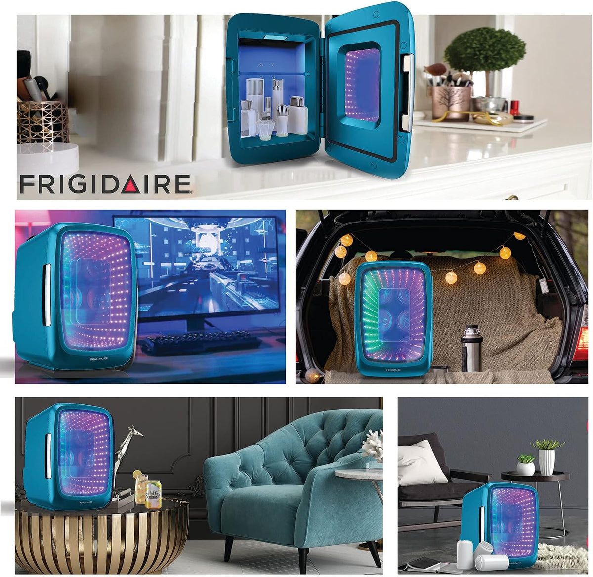 Frigidaire Gaming Light Up Mini Beverage Refrigerator, 6 can, 4 liters, Cooler with large see through door and LED lights Perfect for Gaming Experience, Home, Office, or Cars.12V Charger (Blue) Jansha Store