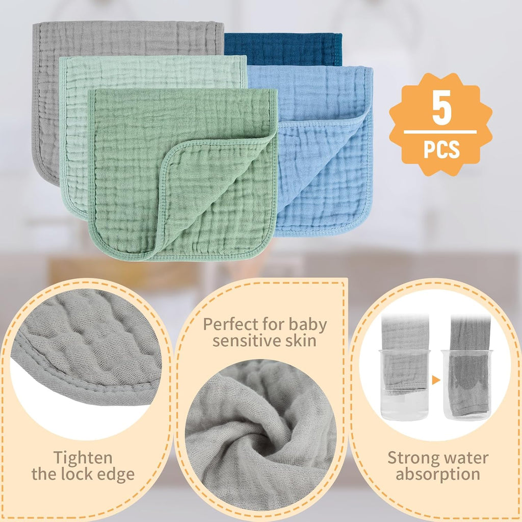MIGIOL Baby Burp Cloths 100% Cotton Newborn Muslin Burp Cloths 10x20 inches Baby Essentials Blue & Green 5-Pack Jansha Store
