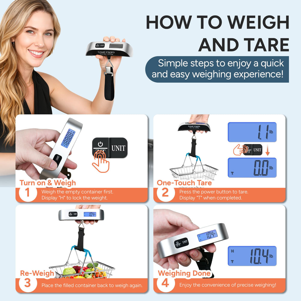 travel inspira Digital Luggage Scale – Portable Hanging Suitcase Weight Scale for Travel, 110 lb Capacity, Backlit LCD Display, Prevents Airport Overweight Fees, Battery Included Jansha Store