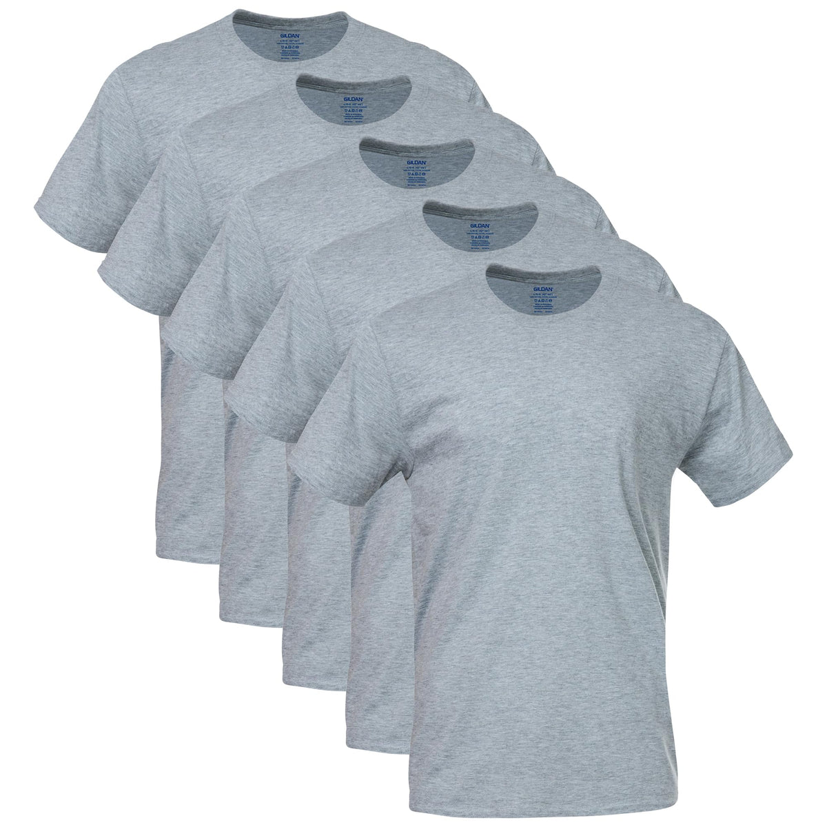 Men's crew neck T-shirt in grey, close-up of cotton fabric and stitched hem