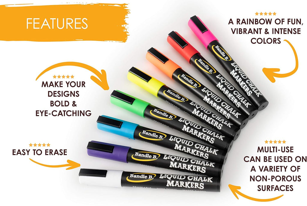 Bandle B. Chalk Markers - 8 Vibrant, Erasable, Non-Toxic, Water-Based, Reversible Tips. For Glass or Chalkboard Markers for Businesses, Restaurants, Liquid Drawing Chalk (Vibrant 6mm) Jansha Store