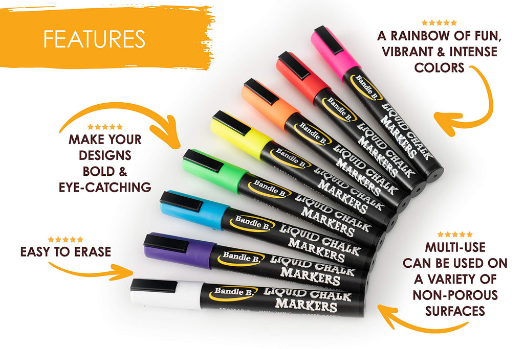 Bandle B. Chalk Markers - 8 Vibrant, Erasable, Non-Toxic, Water-Based, Reversible Tips. For Glass or Chalkboard Markers for Businesses, Restaurants, Liquid Drawing Chalk (Vibrant 6mm) Jansha Store